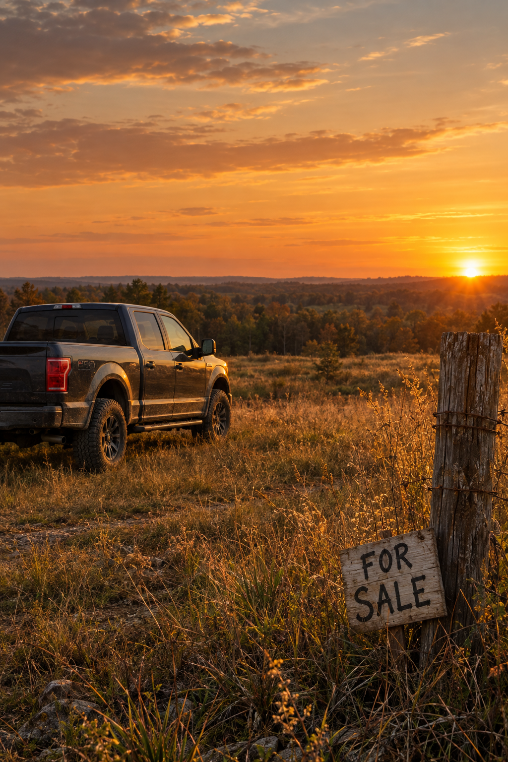Sunset over rural acreage with a FOR SALE sign along a country road — cover of the Land Before House playbook.